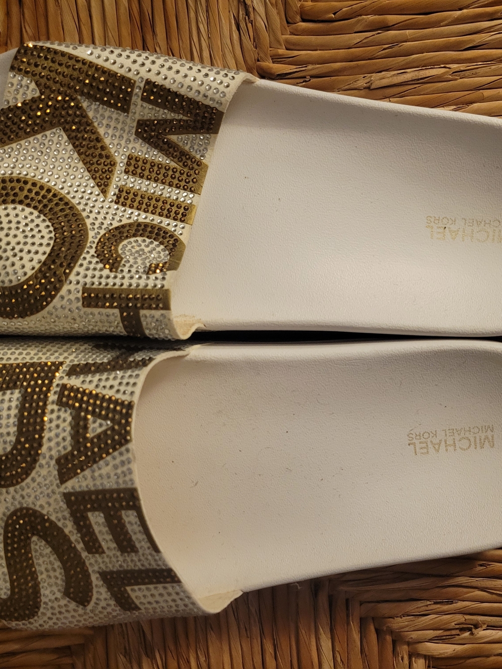 MICHAEL KORS White and Gold Logo Slide Sandals